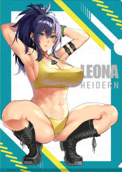  abs arm_pouch blue_hair boots breasts character_name combat_boots cosplay covered_nipples crop_top dog_tags earrings female full_body hands_up highres jewelry kurinton leona_heidern leona_heidern_(cosplay) muscular muscular_female navel ponytail sakura_mafumi soldier solo spread_legs squatting tank_top the_king_of_fighters the_king_of_fighters_xv triangle_earrings underwear watermark yellow_tank_top 