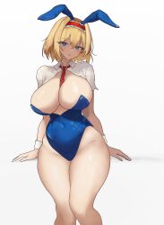  absurdres alice_margatroid animal_ears bare_legs blonde_hair blue_eyes blue_leotard blush breasts capelet cleavage covered_navel female frilled_hairband frills groin hairband highres huge_breasts leotard looking_at_viewer moriforest1040 playboy_bunny rabbit_ears red_hairband short_hair simple_background solo thick_thighs thighs touhou upper_body white_background white_capelet wide_hips 