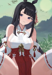  absurdres animal_ears azur_lane bare_shoulders black_eyes black_hair blunt_bangs boller_jiang braid braided_bangs breasts bush cloud cloudy_sky collared_shirt daisen_(azur_lane) day detached_sleeves extra_ears female grin groin hair_ornament hakama hakama_skirt head_tilt highres horse_ears japanese_clothes kanzashi lace-trimmed_thighhighs legs_up long_hair looking_at_viewer nontraditional_miko outdoors red_hakama shirt sideboob sidelocks simple_bird skirt sky sleeveless sleeveless_shirt smile spread_legs sun sweat tassel teeth thighhighs tsumami_kanzashi very_long_hair white_shirt white_thighhighs wide_sleeves 