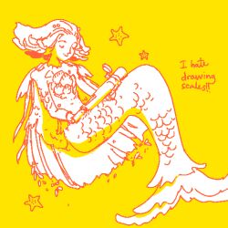  1:1 ambiguous_gender asterozoan colored_line_art different_strokes_gallery digital_media_(artwork) echinoderm fin frostyanthony humanoid marine merfolk oekaki red_line_art red_text restricted_palette scales shaded simple_background solo split_form starfish text yellow_background 