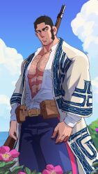  1boy ainu_clothes bara beard_stubble black_hair buzz_cut cloud cloudy_sky coat facial_hair flower frown golden_kamuy gun hairy long_sideburns looking_at_viewer male_focus mature_male military_uniform muscular muscular_male nopinzo open_clothes open_shirt pectoral_cleavage pectorals rifle short_hair sideburns sky solo standing stubble tanigaki_genjirou thick_eyebrows uniform very_short_hair weapon 