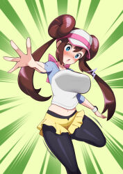  :d black_pantyhose blue_eyes bow breast_expansion breasts bright_pupils brown_hair commentary_request double_bun doughnut_hair_bun female hair_bun happy large_breasts leg_up long_hair majin_(marcia) open_mouth pantyhose pantyhose_under_shorts pink_bow pokemon pokemon_bw2 raglan_sleeves rosa_(pokemon) short_shorts shorts smile solo spread_fingers tongue twintails visor_cap white_pupils yellow_shorts 