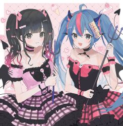  2girls ahoge black_choker black_eyes black_hair blue_hair choker detached_sleeves dress frilled_choker frills gradient_hair grey_eyes highres holding_trident horns long_hair looking_at_viewer mechiru multicolored_hair multiple_girls open_mouth original pink_dress pink_hair puffy_short_sleeves puffy_sleeves short_sleeves sidelocks smile streaked_hair twintails upper_body very_long_hair 