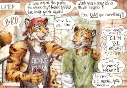  absurd_res akatan_art anthro backwards_baseball_cap backwards_hat baseball_cap clothing dialogue duo felid hand_on_shoulder hat headgear headwear hi_res leopard male mammal pantherine stated_bisexuality stated_sexuality suggestive_topwear tiger 