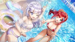  2girls beach bikini blue_eyes blunt_bangs bracelet bridge dolphin_wave green_eyes hair_ornament hairclip highres jewelry long_hair multiple_girls navel necklace official_art one_eye_closed ootomo_takuji purple_hair red_bikini red_hair sakimiya_iruka schnee_weissberg see-through side_ponytail splashing swept_bangs swim_ring swimsuit wristband 