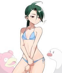  ahoge blue_bra blue_panties blurry blurry_background bra breasts closed_mouth collarbone commentary_request ear_piercing female genjitsu_o_miro green_hair highres long_hair navel panties piercing pokemon pokemon_(creature) pokemon_sv ponytail red_eyes rika_(pokemon) simple_background slowpoke small_breasts squiggle underwear underwear_only white_background wiglett 