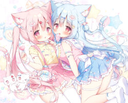  2girls animal_ear_fluff animal_ears armlet artist_name blue_skirt blush bow breasts candy candy_hair_ornament cat_ears cat_girl cat_tail feline finger_to_mouth fish_hair_ornament food food-themed_hair_ornament frilled_shirt_collar frills hair_ornament highres holding holding_candy holding_food holding_lollipop jewelry kneeling large_breasts licking lollipop long_hair looking_at_viewer momozu_komamochi multiple_girls open_mouth original paw_hair_ornament pink_skirt red_eyes scrunchie shirt skirt socks star_(symbol) star_hair_ornament strawberry_hair_ornament suspender_skirt suspenders tail thighhighs tongue tongue_out very_long_hair white_background white_bow white_socks white_thighhighs wrist_scrunchie yellow_shirt 