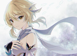  abstract_background blonde_hair commentary_request detached_sleeves dress feather_hair_ornament feathers female gauntlets genshin_impact grey_background hair_between_eyes hair_ornament hand_on_own_chest highres looking_at_viewer lumine_(genshin_impact) mizuamememe muted_color sad_smile scarf short_hair short_hair_with_long_locks smile solo upper_body white_dress white_scarf white_sleeves yellow_eyes 