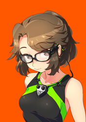  bare_shoulders brown_eyes brown_hair female fujisawa_takashi glasses looking_at_viewer original ponytail red_background school_uniform simple_background solo upper_body 