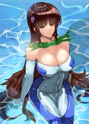  bare_shoulders bodysuit breasts brown_hair cleavage closed_mouth diving_suit female gloves hair_ornament in_water large_breasts long_hair purple_eyes scryed smile solo terada_ayase tomo0843 very_long_hair water wetsuit 