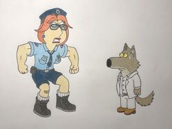  4:3 angry anonymous_artist anthro band-aid bandage belt blue_clothing bodily_fluids boots bottomwear brian_griffin brown_body brown_fur canid canine canis clothing cutoffs denim denim_bottomwear denim_clothing dreamworks duo eyewear family_guy female flexing_muscles footwear fur glasses grey_body grey_fur hair hi_res human humor lois_griffin looking_at_another looking_away male mammal misty_luggins mr._wolf_(the_bad_guys) muscular muscular_female nervous pants police police_hat police_uniform red_hair shorts simple_background socks style_emulation suit sweat the_bad_guys traditional_media_(artwork) uniform voice_actor_joke white_background white_clothing wolf 