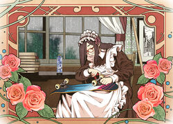  apron black_hair book book_stack bottle closed_eyes commentary female flower glasses indoors maid maid_apron maid_headdress original rain repairing rose screwdriver skateboard skating solo suzushiro_(suzushiro333) wheel window 