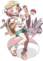  :d backpack bag bag_charm blossom_(pokemon) brown_bag brown_eyes brown_headwear charizard charm_(object) female green_shorts hair_ornament hairclip hat highres holding holding_poke_ball hood hoodie layered_sleeves looking_at_viewer nidoran nidoran_(male) open_bag open_mouth orange_footwear orange_sleeves pink_hair poke_ball poke_ball_(basic) pokemon pokemon_(anime) pokemon_(creature) poketoon purple_socks sheyona shoes shorts signature simple_background smile socks white_background white_footwear white_hoodie zipper zipper_pull_tab 