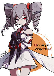  bronya_zaychik bronya_zaychik_(drive_kometa) bronya_zaychik_(yamabuki_armor) crying crying_with_eyes_open drill_hair female grey_eyes grey_hair hair_between_eyes heterochromia highres honkai_(series) honkai_impact_3rd looking_at_viewer meadow_(morphinecaca) red_eyes simple_background skirt solo tears twin_drills white_background white_skirt 