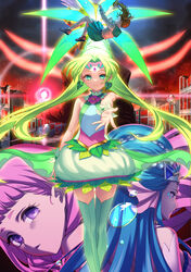  4girls absurdres agnete_(precure) aozora_middle_school_uniform back-to-back beehive_hairdo black_suit blue_hair brown_hair bubble bubble_skirt butler_(precure) closed_eyes closed_mouth cure_oasis earrings facial_mark fish formal green_eyes green_hair green_legwear green_skirt green_wrist_cuffs heart heart_in_eye highres holding_orb horns jewelry laura_la_mer leaf_earrings long_hair looking_at_viewer magical_girl mermaid_queen_(precure) mohawk monster_boy multiple_girls natsuumi_manatsu outstretched_hand parted_lips pearl_hair_ornament ponytail precure purple_eyes purple_hair reaching reaching_towards_viewer school_uniform seahorse serafuku skirt smile suit symbol_in_eye thighhighs tropical-rouge!_precure white_hair wrist_cuffs yoko-ya_manjirou 