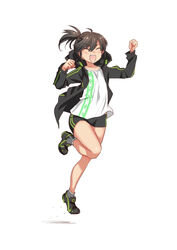  :d bike_shorts brown_hair closed_eyes female fujisawa_takashi highres jacket jumping open_mouth original ponytail smile solo track_jacket white_background 