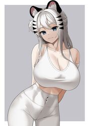  absurdres animal_ears arms_behind_back bare_shoulders blue_eyes breasts commentary english_commentary eyebrows_hidden_by_hair female grey_background hair_bun highres huge_breasts large_breasts light_smile navel original outside_border pants solo sports_bra striped_hair tewaki thighs tiger_girl tiger_stripes white_hair white_pants white_sports_bra yoga_pants 