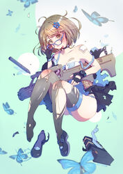  aqua_background ass assault_rifle bandaid bandaid_on_breast black_skirt blue-framed_eyewear blue_butterfly blue_panties bra breasts brown_eyes brown_hair bug bullpup butterfly choker cleavage commentary_request damaged female fingerless_gloves full_body girls&#039;_frontline glasses gloves gun hair_ornament highres looking_at_viewer mary_janes medium_breasts messy_hair off_shoulder panties rifle sakurapiyo2 sar-21 sar-21_(girls&#039;_frontline) shoes short_hair single_shoe skirt solo thighhighs torn_clothes torn_skirt torn_thighhighs underwear unworn_shoes weapon 