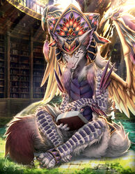  absurd_res amber_eyes anthro black_sclera book bookshelf claws crown crystalberry digitigrade dipstick_tail dragon feathered_wings feathers fluffy fur furniture gold_(metal) gold_jewelry hands_behind_head headgear hi_res inside jewelry looking_at_viewer loose_feather male managarmr_(xenogearcross) markings mythological_creature mythological_scalie mythology orange_wings pinup pose pupils purple_spots quill scalie slit_pupils smile smug solo spots tail tail_markings white_body white_fur wings 