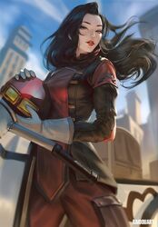  artist_name asami_sato avatar_legends bad_id bad_twitter_id black_hair blue_sky building city day female gloves helmet highres lipstick long_hair makeup parted_lips raidouart red_lips republic_city sky solo standing the_legend_of_korra unworn_headwear unworn_helmet 