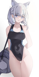  absurdres animal_ear_fluff animal_ears arms_behind_back bag black_one-piece_swimsuit blue_archive blue_eyes breasts cake_walker competition_swimsuit covered_navel cross_hair_ornament extra_ears female grey_hair hair_ornament halo highleg highleg_swimsuit highres low_ponytail medium_breasts medium_hair mismatched_pupils multicolored_clothes multicolored_swimsuit official_alternate_costume one-piece_swimsuit shiroko_(blue_archive) shiroko_(swimsuit)_(blue_archive) simple_background solo swimsuit white_background wolf_ears 