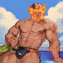  1boy abs absolum_art alternate_costume bara beard blue_eyes boku_no_hero_academia bottle bulge cowboy_shot endeavor_(boku_no_hero_academia) facial_hair fire highres jewelry large_pectorals leaning_back male_focus male_swimwear mature_male muscular muscular_male navel necklace nipples pectorals red_hair short_hair solo spiked_hair swim_briefs thick_thighs thighs topless_male veins wet 