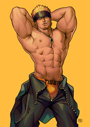  1boy abs absolum_art absurdres armpit_hair armpits arms_up bara blonde_hair blue_eyes borrowed_character briefs bulge cigarette cowboy_shot headband highres jewelry large_pectorals male_focus male_underwear muscular muscular_male navel navel_hair necklace nipples original pectorals short_hair solo spiked_hair thick_thighs thighs topless_male torajiro_(chunchunmen) underwear undressing yellow_background yellow_male_underwear 