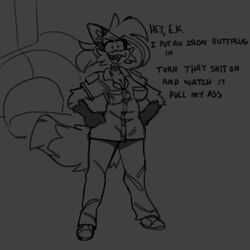  1:1 anthro canid canine clothing confident dialogue english_text female fox hand_on_hip hi_res imminent_death mammal monochrome mri_scanner pepper_(sketchytoasty) profanity shirt simple_background sketchytoasty smile solo text topwear 