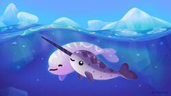  animal animal_focus artist_name black_eyes bubble closed_eyes closed_mouth day horns ice iceberg narwhal no_humans original outdoors pikaole single_horn smile spots underwater water 