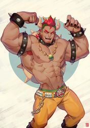  1boy abs absolum_art absurdres armband armpit_hair armpits bara belt black_nails bowser bracelet commentary covered_abs english_commentary feet_out_of_frame flexing highres humanization jewelry king_koopa large_pectorals lying male_focus mario_(series) muscular muscular_male navel navel_hair necklace nipples on_back pants pectorals pose short_hair solo spiked_bracelet spikes the_super_mario_bros._super_show! thick_thighs thighs topless_male yellow_pants 