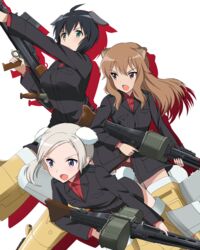  3girls ahoge animal_ears anti-materiel_rifle black_hair black_jacket boys_anti_tank_rifle breast_pocket brown_eyes commentary dog_ears dog_girl dog_tail drum_magazine dual_drum_magazine extra_ears fernandia_malvezzi green_eyes grey_hair gun highres holding holding_gun holding_weapon jacket kaneko_(novram58) legs_apart light_brown_hair long_hair luciana_mazzei machine_gun magazine_(weapon) marmot_ears marmot_girl martina_crespi mg42 military_uniform multiple_girls no_pants open_mouth pocket purple_eyes red_shirt rifle shirt side_ponytail sniper_rifle strike_witches:_kurenai_no_majo-tachi striker_unit tail trigger_discipline uniform weapon white_background world_witches_series 