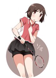  badminton badminton_racket bike_shorts bike_shorts_under_skirt birthday black_shorts black_skirt blush brown_eyes brown_hair circle collared_shirt commentary_request cropped_legs dated female hasegawa_fumi holding holding_racket katatsuka_kouji looking_at_viewer open_mouth racket red_shirt shirt short_hair short_sleeves shorts skirt solo standing white_background yuyushiki 