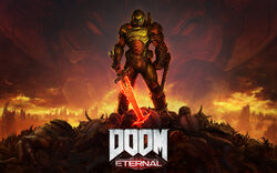  absurdres alex_palma apocalypse arm_blade armor assault_visor biceps crucible_(doom) demon doom_(2016) doom_(series) doom_eternal doomguy dual_wielding energy_sword glowing glowing_sword glowing_weapon hell helmet highres holding imp_(doom) khan_maykr male_focus manly mark_of_the_doom_slayer official_art official_wallpaper photoshop_(medium) pile_of_corpses praetor_suit red_sky ruins shoulder_cannon sky solo_focus source_request space_marine sword weapon zombie 