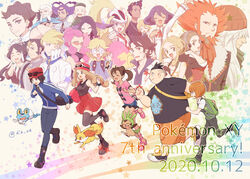  6+boys 6+girls alexa_(pokemon) anniversary arm_up augustine_sycamore az_(pokemon) bad_id bad_twitter_id black_legwear black_shirt blue_jacket blush boots calem_(pokemon) chespin clemont_(pokemon) clenched_hands closed_eyes commentary_request copyright_name dark-skinned_female dark_skin dated dexio_(pokemon) diantha_(pokemon) drasna_(pokemon) eyewear_on_headwear fennekin froakie grant_(pokemon) hat holo_caster jacket korrina_(pokemon) long_hair long_sleeves lysandre_(pokemon) malva_(pokemon) multiple_boys multiple_girls olympia_(pokemon) open_mouth pants pink_footwear pink_shirt pleated_skirt pokemon pokemon_(creature) pokemon_xy ramos_(pokemon) red_headwear red_skirt serena_(pokemon) shauna_(pokemon) shirt shoes short_sleeves shorts siebold_(pokemon) sina_(pokemon) skirt smile star_(symbol) starter_pokemon_trio sunglasses thighhighs tied_hair tierno_(pokemon) trevor_(pokemon) valerie_(pokemon) viola_(pokemon) watermark wikstrom_(pokemon) wulfric_(pokemon) yairo_(sik_s4) 