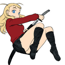  antenna_hair black_socks blonde_hair blue_eyes commentary_request female jubei-chan katana kneehighs loafers painttool_sai_(medium) scabbard secret_of_the_lovely_eyepatch sheath shoes skirt smile socks solo sweater sword tsukudani_(coke-buta) unsheathing weapon yagyuu_freesia 