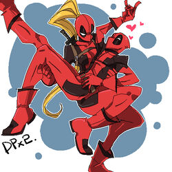  1boy blonde_hair boots breasts deadpool dual_persona female gloves lady_deadpool marvel mask ponytail 