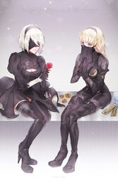  2b_(nier:automata) 2girls black_blindfold black_dress black_footwear black_gloves black_hairband black_legwear blindfold blonde_hair blue_eyes bodysuit boots breasts cleavage_cutout clothing_cutout commentary_request covered_eyes covered_navel dress feather-trimmed_sleeves flower full_body gift gloves hairband high_heel_boots high_heels highleg highleg_leotard holding holding_flower juliet_sleeves kaori leotard long_sleeves medium_breasts mole mole_under_mouth multiple_girls nier:automata nier_(series) operator_6o own_hands_together photoshop_(medium) pink_lips puffy_sleeves red_flower red_rose rose short_dress short_hair side_slit sitting smile thigh_boots thighhighs thighhighs_under_boots turtleneck vambraces veil white_hair yuri zettai_ryouiki zipper 