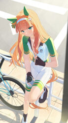  animal_ears bicycle black_footwear black_gloves blush bodysuit bottle cycling_uniform ear_covers female fingerless_gloves full-length_zipper gloves green_eyes hair_ornament hairband highres holding holding_bottle horse_ears horse_girl horse_tail long_hair long_sleeves looking_at_viewer ningen_gokko orange_hair silence_suzuka_(umamusume) sitting solo sportswear star_(symbol) star_hair_ornament tail umamusume white_bodysuit white_hairband zipper 