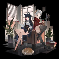  2girls absurdres alternate_costume animal_ear_fluff animal_ears arknights armchair bare_shoulders bell black_background black_coat black_collar black_footwear black_necktie black_skirt blinders book bracelet breasts brown_hat chair chest_harness cleavage clothes_hanger coat coat_on_shoulders collar colored_inner_hair colored_tips commentary_request cup dress drinking_glass feline full_body grey_eyes grey_hair grey_thighhighs hair_ornament hairclip harness hat high-waist_skirt high_heels highres holding holding_cup id_card jewelry knee_up lappland_(arknights) long_hair long_sleeves looking_at_viewer multicolored_hair multiple_girls neck_bell necktie off-shoulder_dress off_shoulder orange_cat orange_eyes parted_lips plant potted_plant red_dress red_hair sheng_yao_miao_miao_jiao_jiao_zong shirt sitting skirt texas_(arknights) thighhighs white_shirt window wine_glass wolf_ears wolf_girl 