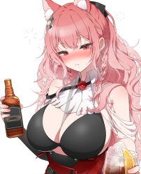  absurdres alcohol animal_ear_fluff animal_ears arknights bad_id bad_pixiv_id bare_shoulders between_breasts black_bra black_ribbon blush bottle bra braid breasts collar commentary cup detached_collar drunk earrings extra_ears female flower food fruit glass hair_between_eyes hair_ornament hair_over_shoulder hair_ribbon high-waist_skirt highres holding holding_bottle holding_cup huge_breasts ice ice_cube jewelry lemon long_hair looking_down pingpangpongpang pink_eyes pink_hair pozyomka_(arknights) red_flower red_rose red_skirt ribbon rose simple_background skirt solo underwear whiskey white_background white_collar wolf_ears wolf_girl 