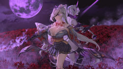  bare_shoulders breasts cartonbox_(zhixiang_zhi) character_request cleavage dual_persona enemy_yamato_(warship_girls_r) field floral_print flower flower_field fog glowing glowing_eye gold_trim hair_over_one_eye hand_on_own_chest highres holding holding_sword holding_weapon horns japanese_clothes katana kimono large_breasts long_hair looking_at_viewer looking_back moon multicolored_hair night night_sky open_mouth purple_eyes purple_moon red_flower red_spider_lily skirt sky smile spider_lily streaked_hair sword thighhighs thighs warship_girls_r weapon white_hair 