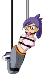  arms_behind_back ball_gag belly bondage bondage bound gag gagged glasses highres looking_to_the_side midriff pokemon raya100 rebecca_(pokemon) tied_up_(nonsexual) worried 