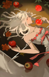  apple branch breasts cleavage dress female flower food fruit highres holding holding_food holding_fruit leaf long_hair looking_at_viewer lying medium_breasts monogatari_(series) on_back otorimonogatari polearm profile red_eyes red_flower red_ribbon ribbon sengoku_nadeko shru_(ss_sl99) snake snake_hair solo spear weapon white_dress white_snake 