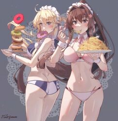  2girls abyssal_ship bikini blonde_hair blue_bikini blue_eyes breasts brown_hair butt_crack cherry_blossoms doughnut eating enemy_lifebuoy_(kancolle) flower food food_in_mouth fork hair_between_eyes hair_flower hair_intakes hair_ornament highres himeyamato holding holding_fork holding_plate iowa_(kancolle) kantai_collection large_breasts long_hair looking_at_viewer maid maid_bikini maid_headdress multiple_girls navel pasta pink_bikini plate ponytail red_eyes sidelocks smile spaghetti standing star-shaped_pupils star_(symbol) swimsuit symbol-shaped_pupils two-tone_bikini unconventional_maid very_long_hair white_bikini yamato_(kancolle) 