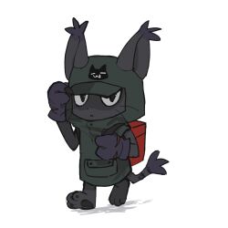  anthro backpack bandai_namco black_body black_fur blackgatomon_uver. clothing digimon digimon_(species) digimon_ghost_game fur gloves handwear hat headgear headwear hi_res hood pawpads randomlyrab solo 