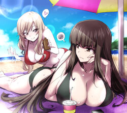  &gt;:( 2girls applying_sunscreen ass bags_under_eyes beach beach_umbrella bikini black_bikini black_hair blue_sky blunt_bangs blush breasts brown_eyes cellphone cleavage closed_mouth cloud cloudy_sky collarbone commentary_request day foreshortening frown girls_und_panzer green_eyes grey_hair heart large_breasts long_hair looking_at_another lotion lying mature_female multiple_girls nakahira_guy nishizumi_shiho on_stomach outdoors pale_skin phone red_bikini shimada_chiyo sky smartphone smile spoken_heart spoken_squiggle squiggle sunscreen sweat swimsuit umbrella v-shaped_eyebrows 