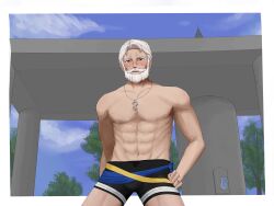  1boy abs absurdres aoinoac bara beard cheekbones facial_hair fire_emblem fire_emblem_engage full_beard highres jewelry looking_at_viewer male_focus male_swimwear moustache necklace old old_man pectorals short_hair smile swim_trunks vander_(fire_emblem) white_hair 