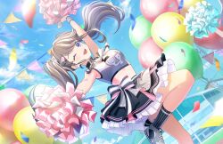  ;d arm_up balloon black_socks blue_sky breasts brown_hair cheerleader cloud confetti cropped_shirt dutch_angle female foot_out_of_frame frilled_skirt frills fujishima_megumi game_cg grey_footwear grey_shirt grey_skirt h.s.c.t._(love_live!) highres holding holding_pom_poms large_breasts layered_skirt leg_up link!_like!_love_live! long_hair looking_at_viewer love_live! midriff miniskirt official_alternate_costume official_alternate_hairstyle official_art one_eye_closed open_mouth outdoors outstretched_arm pleated_skirt pom_pom_(cheerleading) purple_eyes shirt shoes skirt sky sleeveless sleeveless_shirt smile socks solo string_of_flags teeth third-party_source twintails upper_teeth_only virtual_youtuber 