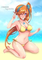  ;) absurdres athena_cykes bare_shoulders beach bikini blue_eyes blue_ribbon breasts cleavage closed_mouth commission crescent crescent_earrings earrings english_commentary female gyakuten_saiban hair_ribbon highres jewelry long_hair looking_at_viewer navel necklace one_eye_closed orange_hair ribbon side_ponytail single_earring sitting smile solo sugarbell swimsuit very_long_hair wariza yellow_bikini 