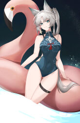  1giro absurdres adapted_costume animal_ears bare_shoulders blue_one-piece_swimsuit clothing_cutout commentary covered_navel earrings eyeshadow feixiao_(honkai:_star_rail) female forehead_jewel fox_ears fox_girl green_eyes hei_yubai_yuan highres honkai:_star_rail honkai_(series) inflatable_flamingo jewelry larg_br long_hair looking_at_viewer makeup one-piece_swimsuit parted_bangs red_eyeshadow side_cutout sidelocks smile solo standing swimsuit thigh_strap very_long_hair wading wet white_hair 